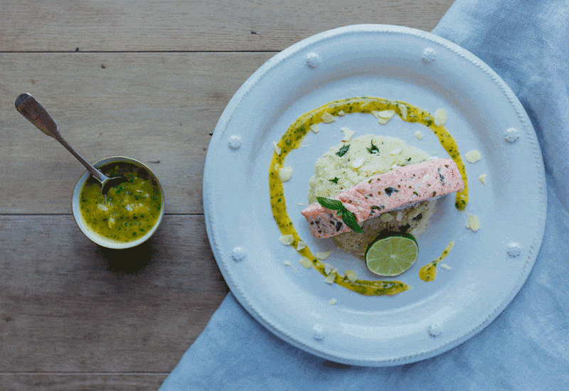 Lemon Roasted Salmon with Cauliflower Rice & Mango, Mint & Baobab Dressing