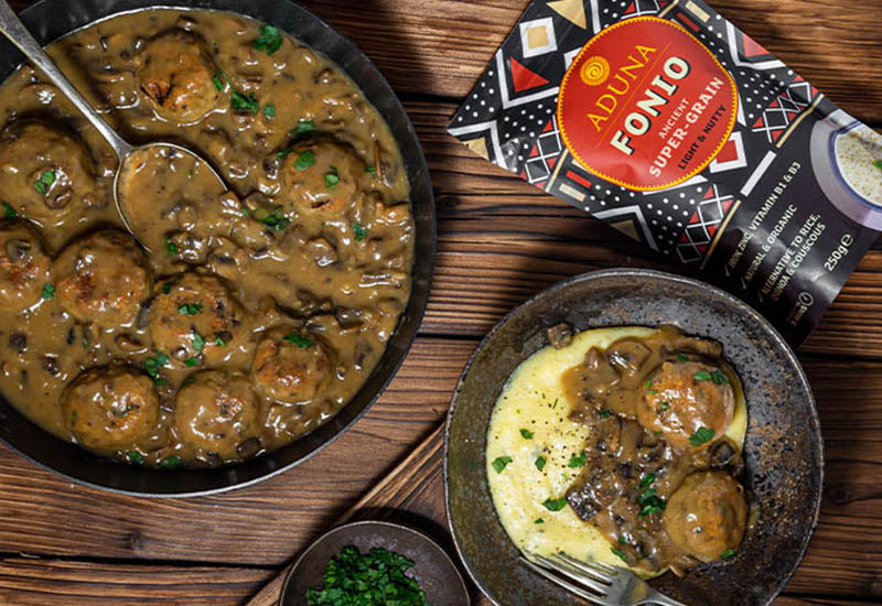 Fonio Balls in Mushroom Sauce & Creamy Polenta
