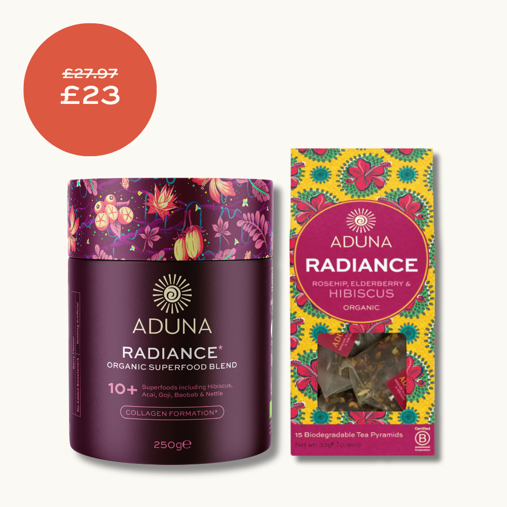 Aduna Radiance Organic Superfood Blend container and Radiance Hibiscus tea box on a white background.