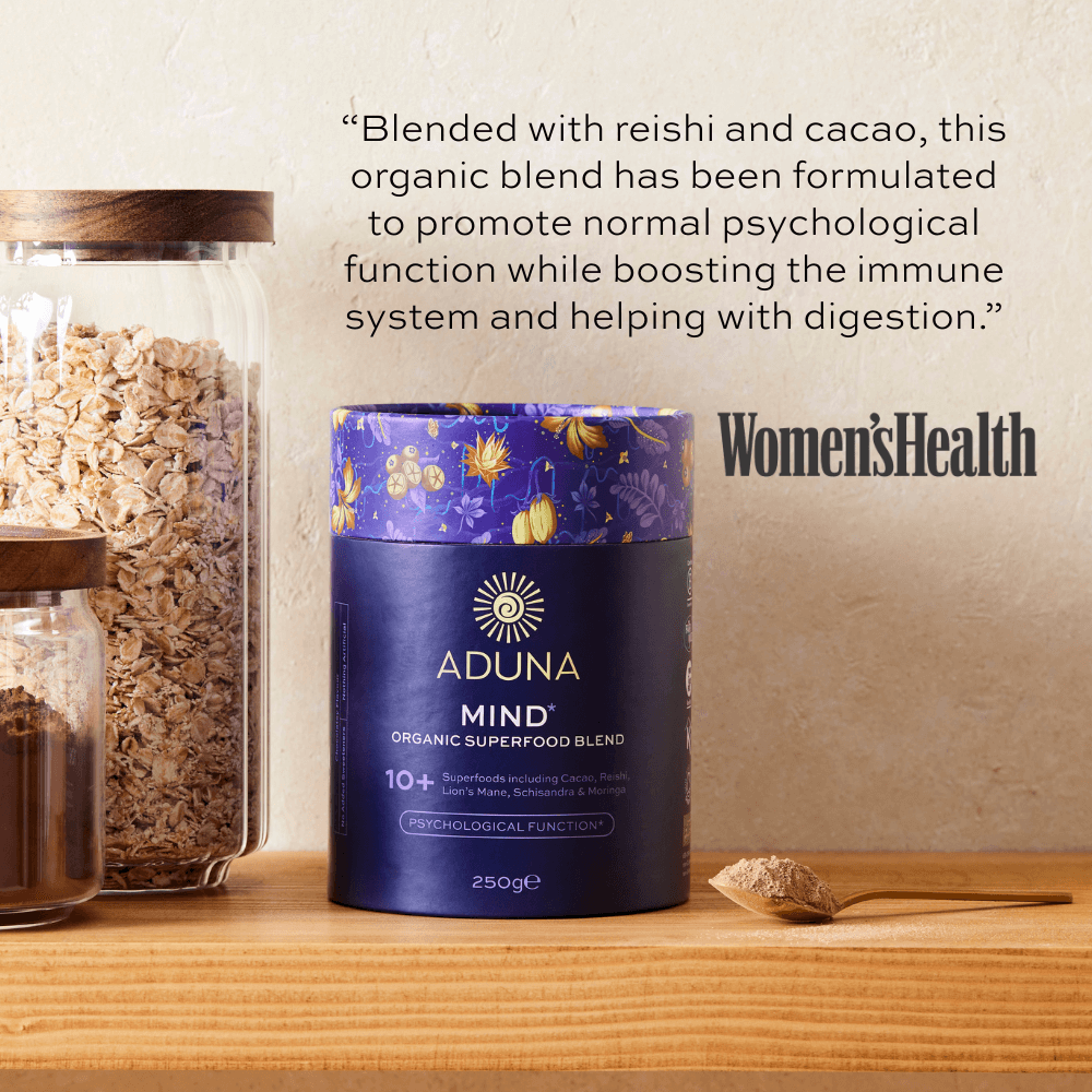 250g package of Aduna Mind Organic Superfood Blend with a quote from Women'sHealth: "Blended with reishi and cacao, this organic blend has been formulated to promote normal psychological function while boosting the immune system and helping with digestion."