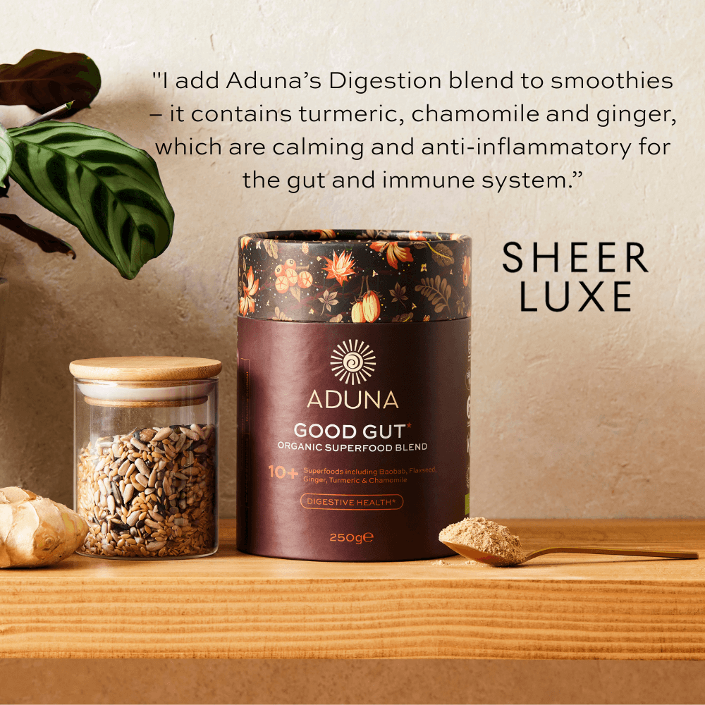 Package of Aduna Good Gut Organic Superfood Blend with a quote from SHEER LUXE: "I add Aduna's Digestion blend to smoothies - it contains turmeric, chamomile and ginger, which are calming and anti-inflammatory for the gut and immune system."