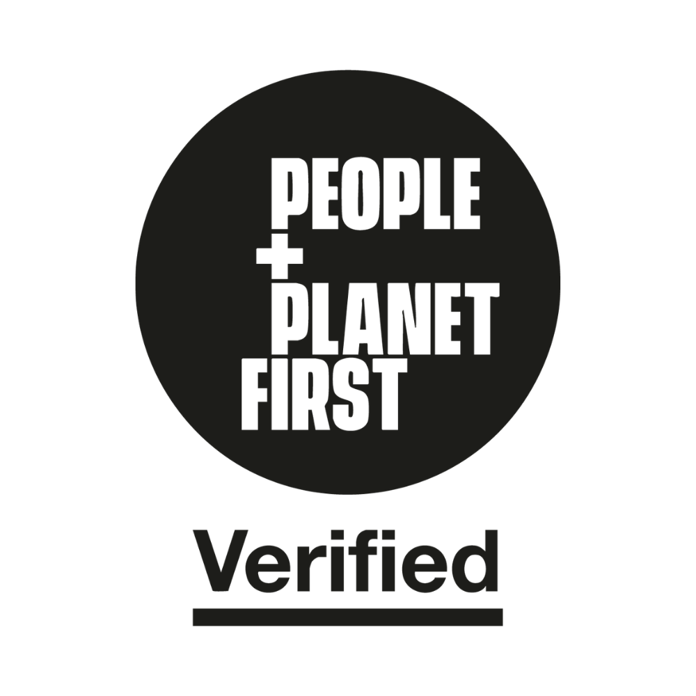Logo with 'People + Planet First Verified' text on a black circle.