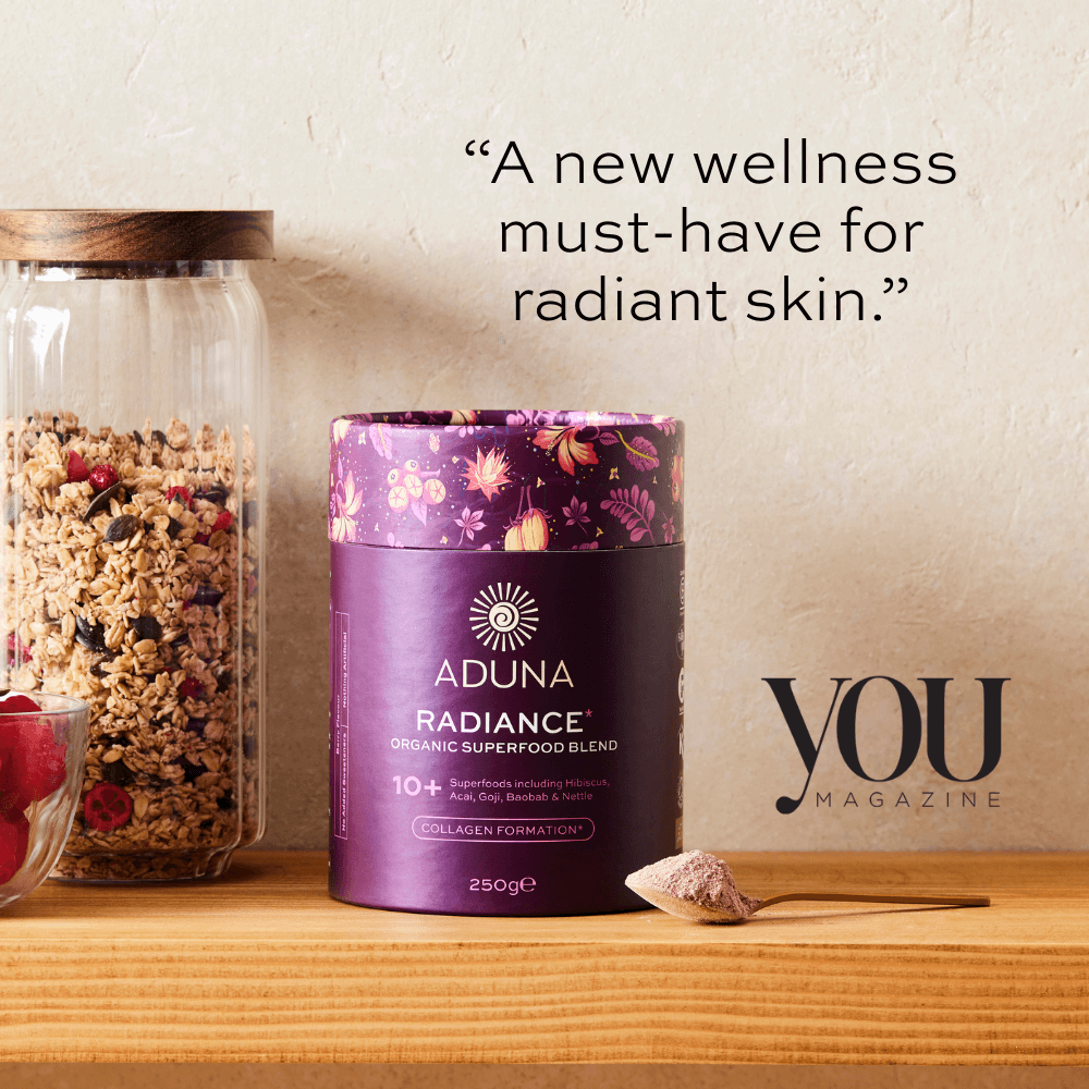 Package of Aduna Radiance Organic Superfood Blend with a quote from You Magazine: "A new wellness must-have for radiant skin."