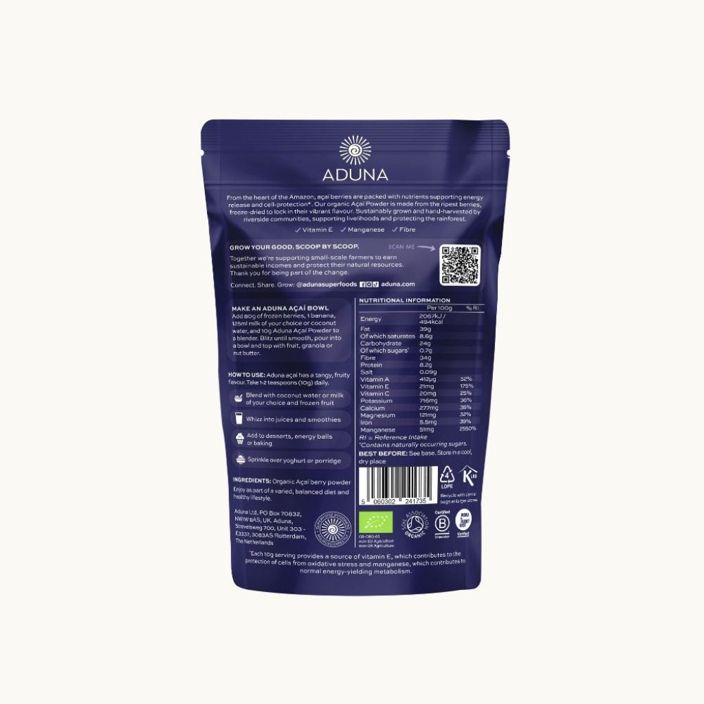 Back of Aduna Acai Powder pack