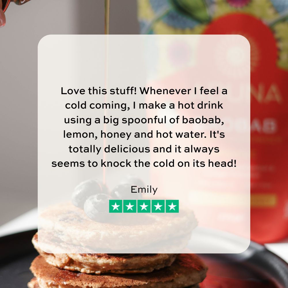 Five-star review from Emily: "Love this stuff! Whenever I feel a cold coming, I make a hot drink using a big spoonful of baobab, lemon, honey and hot water. It's totally delicious and it always seems to knock the cold on its head!"