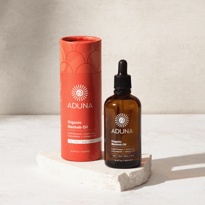 Aduna Organic Baobab Oil bottle and packaging on a light background