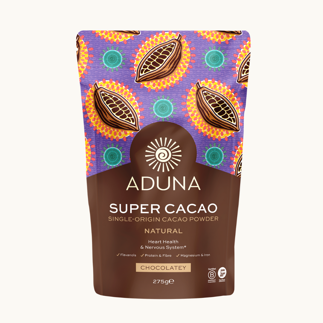 Aduna Super Cacao 275g packaging with cacao bean design.