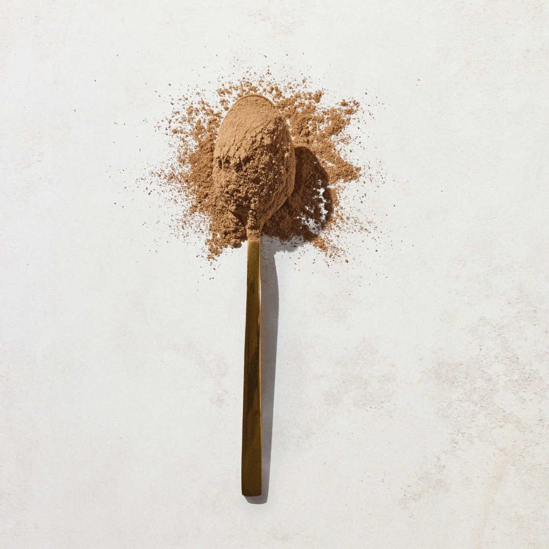 A gold spoon filled with brown powder from Aduna Mind Advanced Superfood Blend