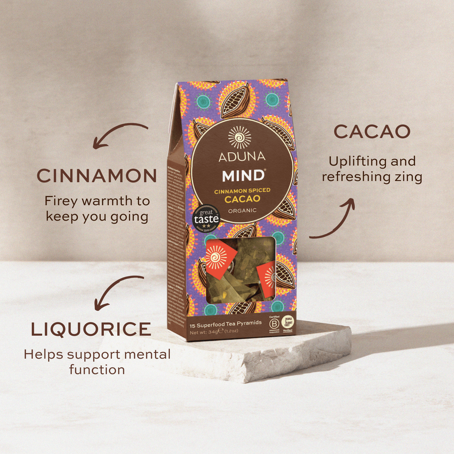Aduna Mind tea packaging with cinnamon, cacao, and liquorice flavours