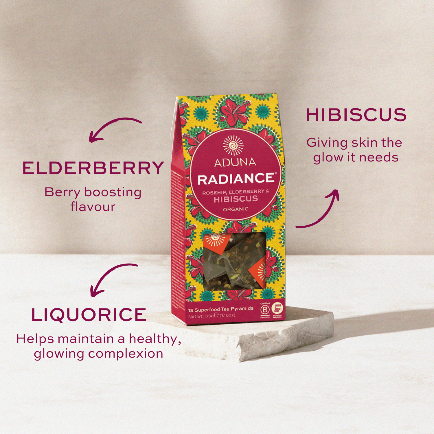 Aduna Radiance hibiscus tea package with ingredients listed on a neutral background.