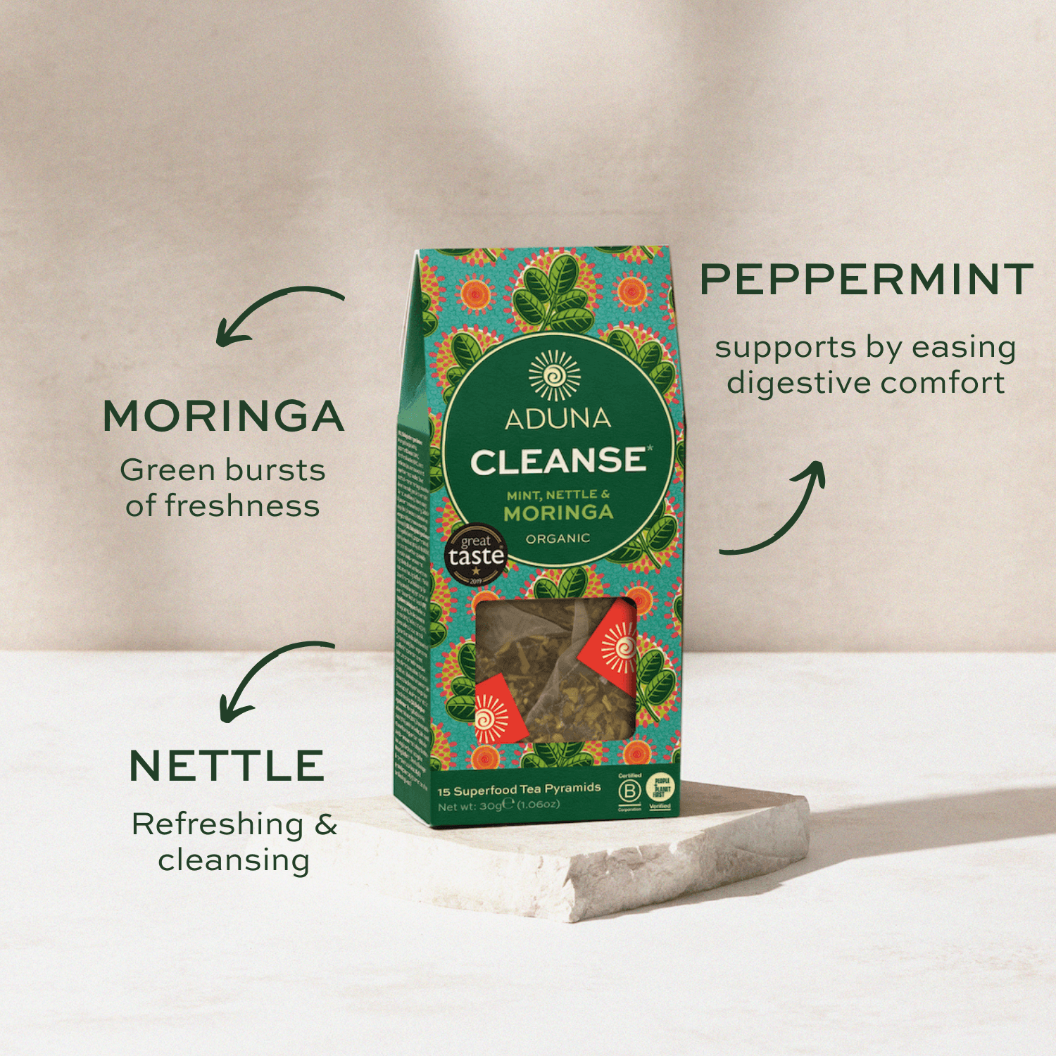 Aduna Cleanse tea package with ingredients and benefits on a neutral background.