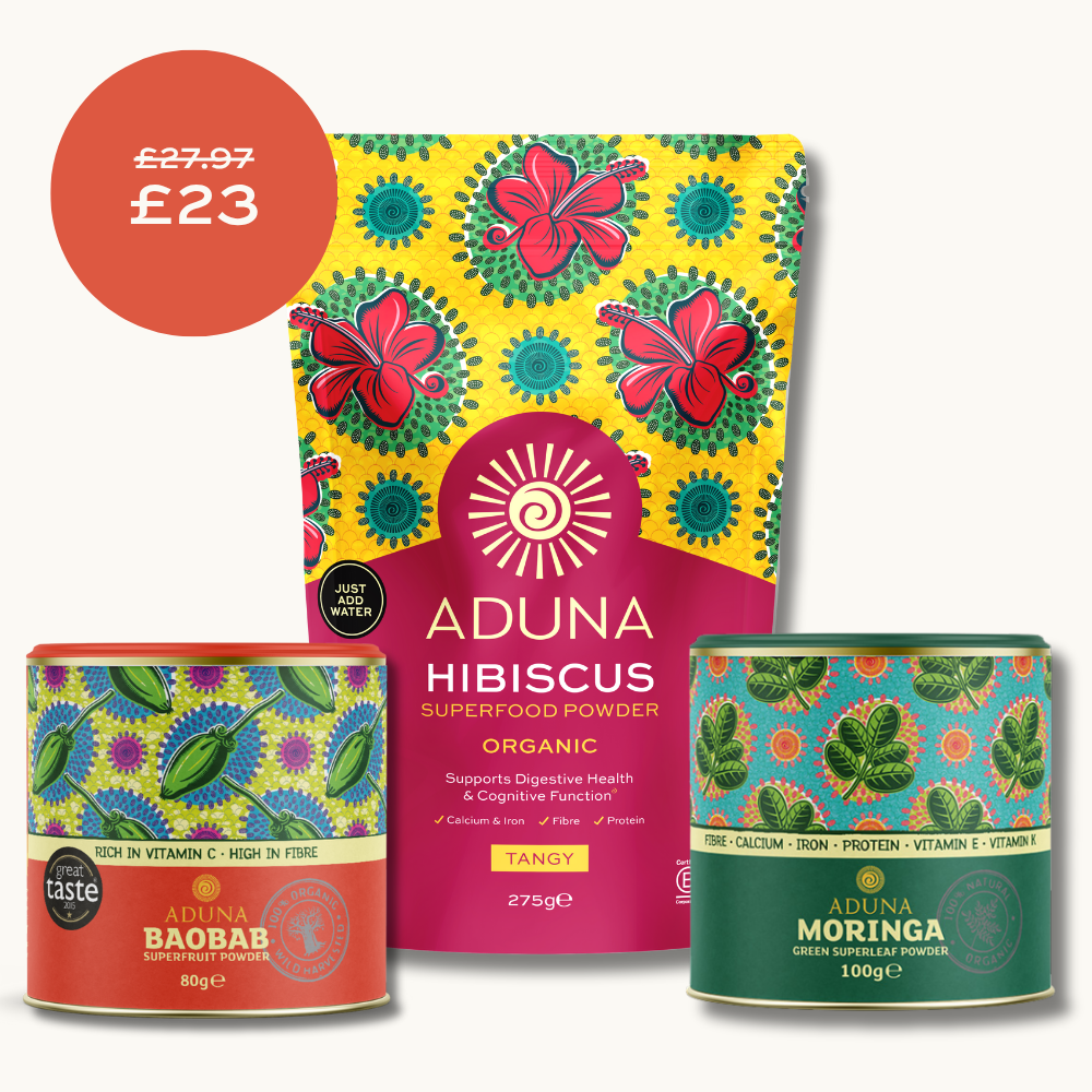 Aduna bundle of Baobab Superfruit Powder 80g, Hibiscus Superfood Powder 275g, and Moringa Green Superleaf Powder 100g. Bundle price of £23 reduced from £27.97 is shown.