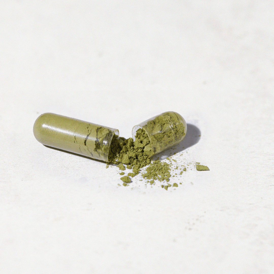 Close-up of a single capsule filled with green Aduna Moringa powder