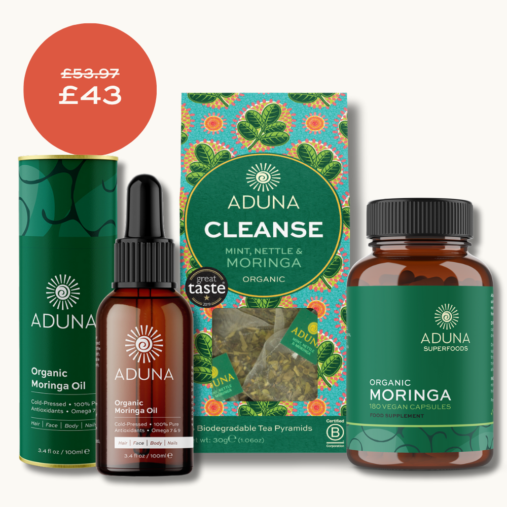 Aduna Moringa bundle of wellness products including oil, tea, and capsules on a white background. A bundle price of £43 is shown, reduced from £53.97.