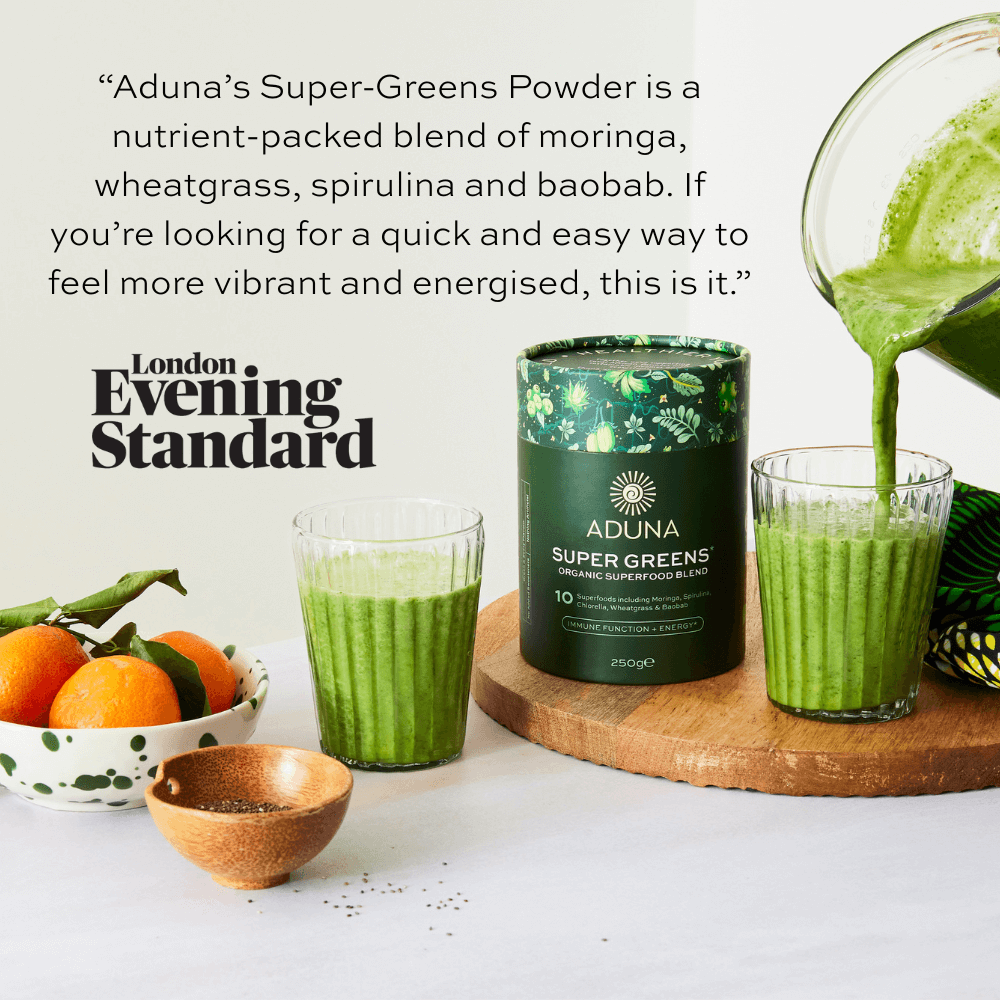 Quote from London Evening Standard: Aduna's Super Green's Powder is a nutrient-packed blend of moringa, wheatgrass, spirulina and baobab. If you're looking for a quick and easy way to feel more vibrant and energised, this is it.