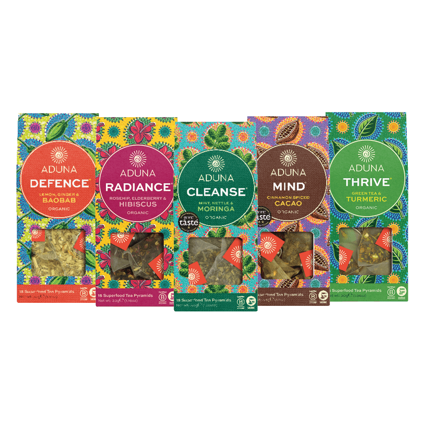 Aduna Super Tea Bundle featuring 5 product boxes with colourful designs.