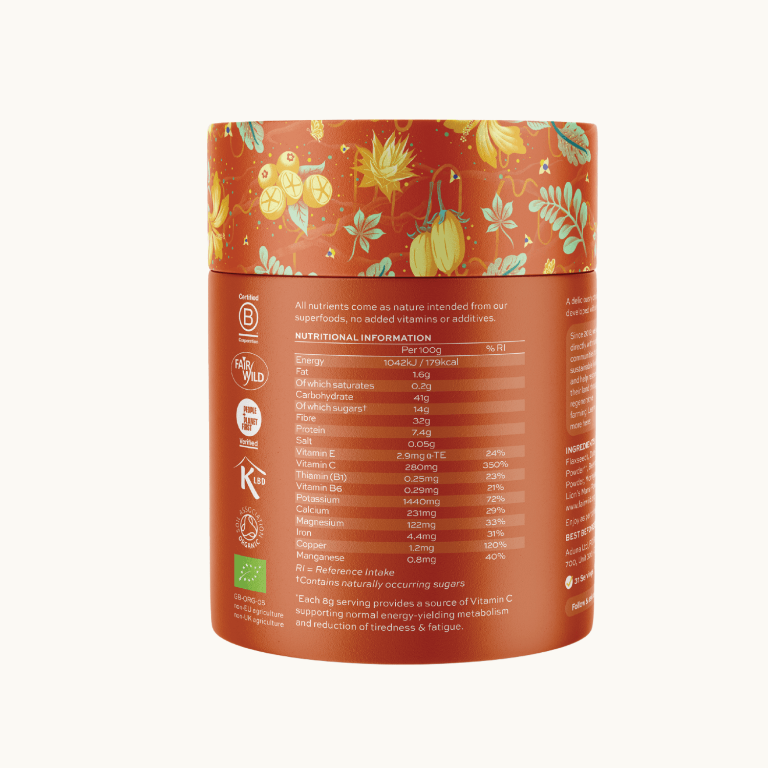 Aduna Energy Blend supplement container with nutritional information on a white background.