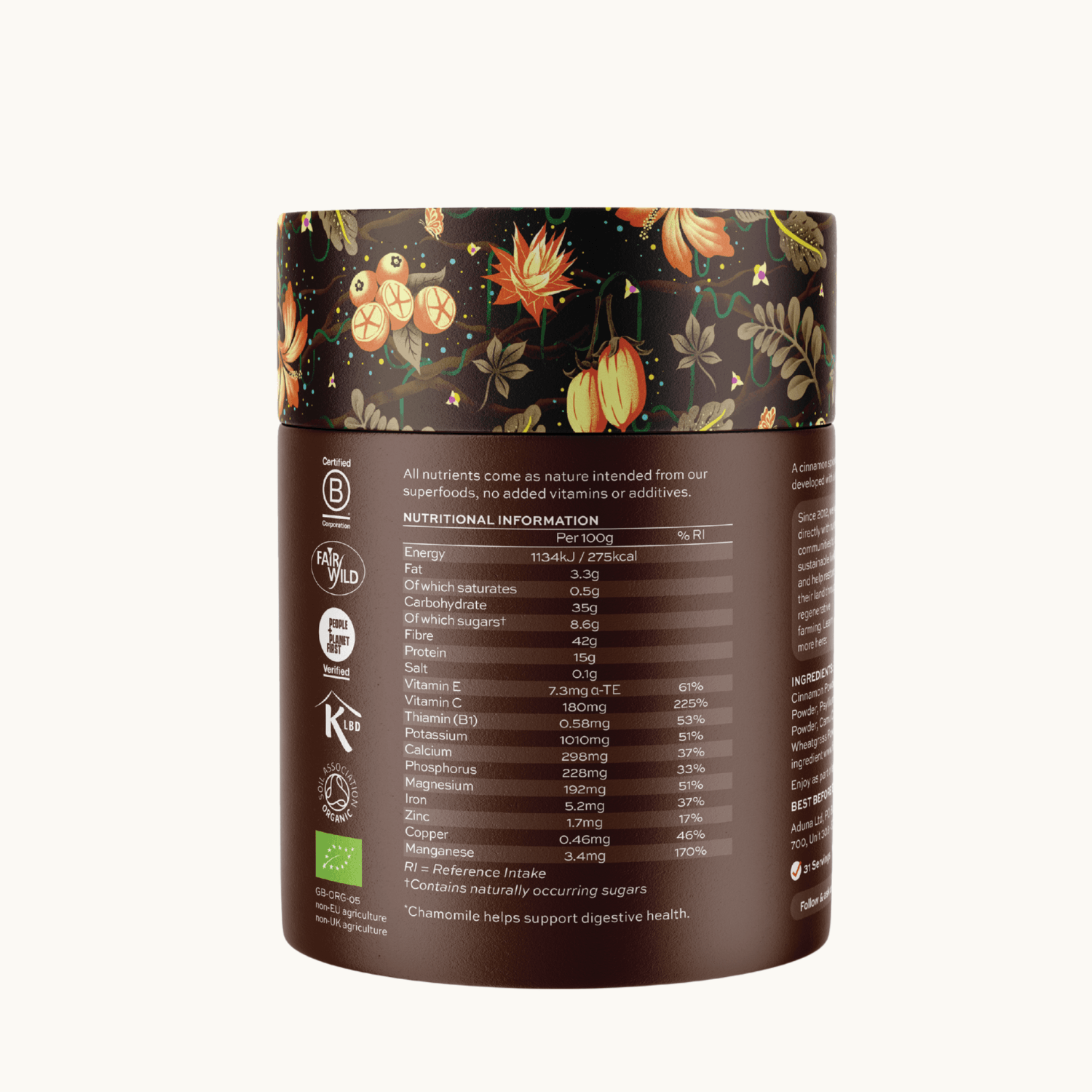 Aduna Good Gut supplement container with nutritional information on a white background.