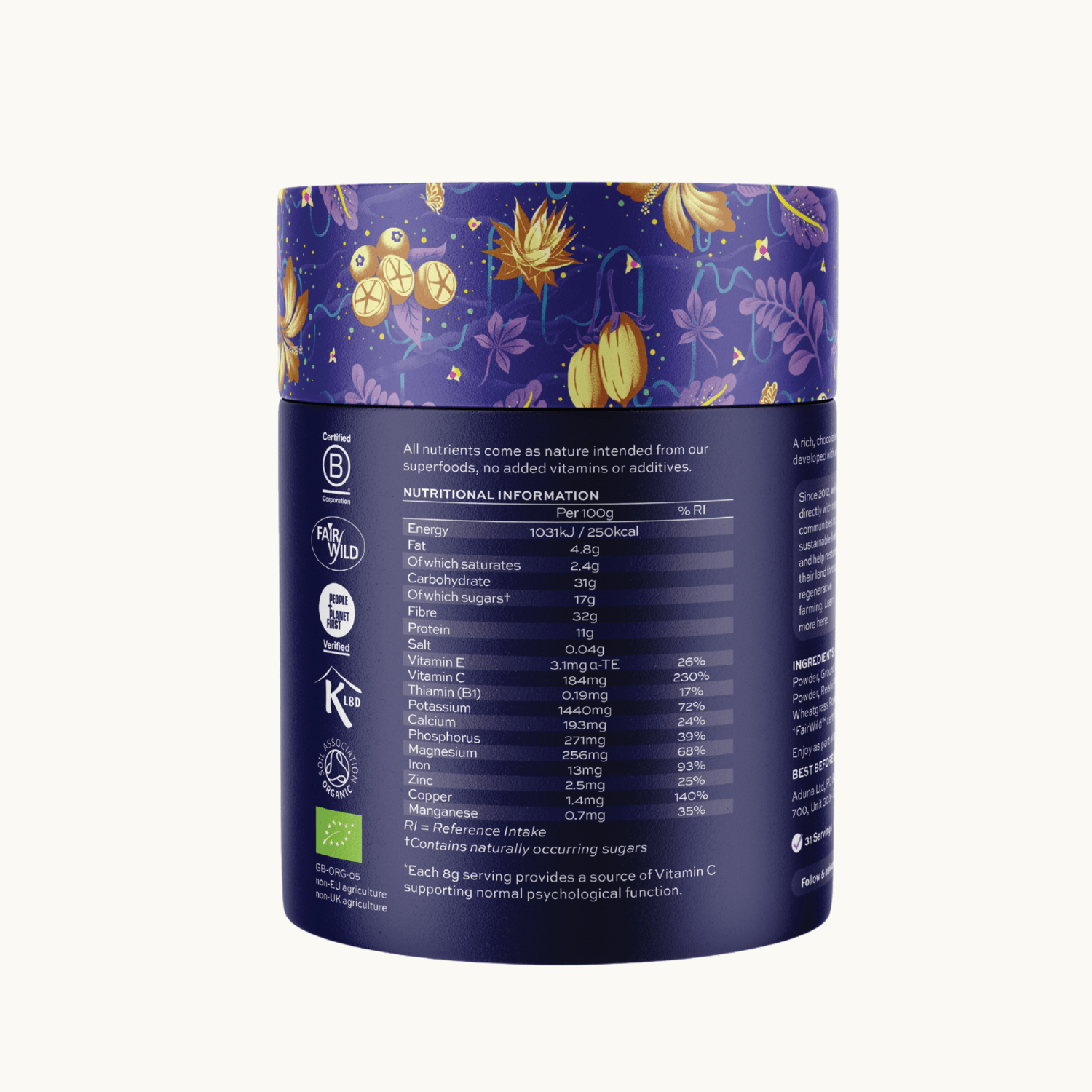 Aduna Mind Blend nutritional information label on a blue container with floral design.