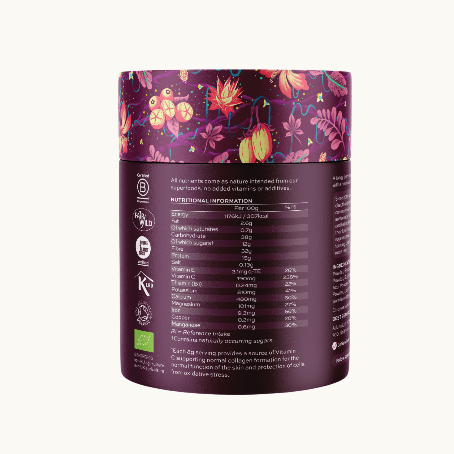 Aduna Radiance container with floral design on lid and nutritional information on back.