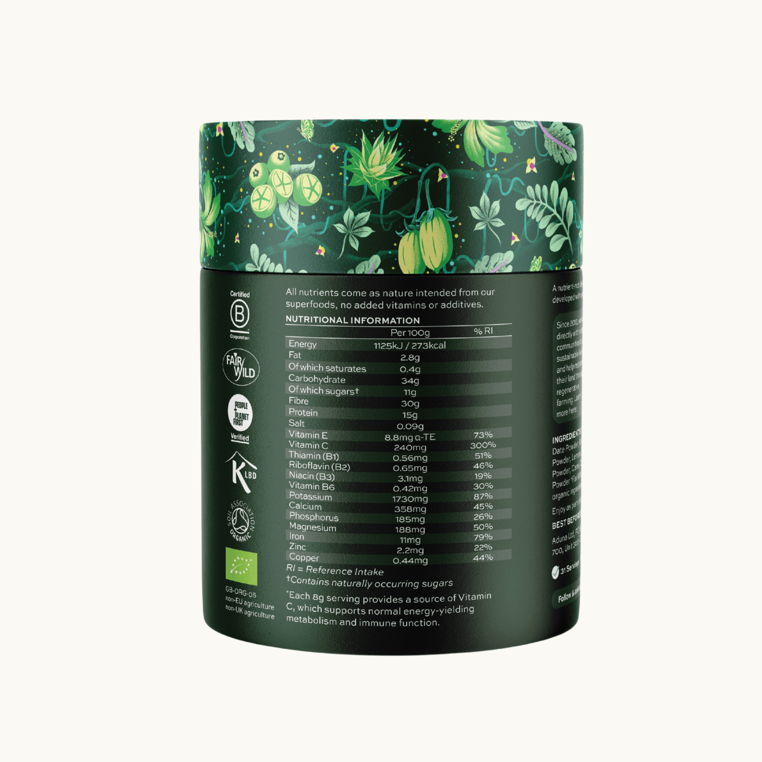 Aduna Super Greens supplement container with nutritional information on a white background.