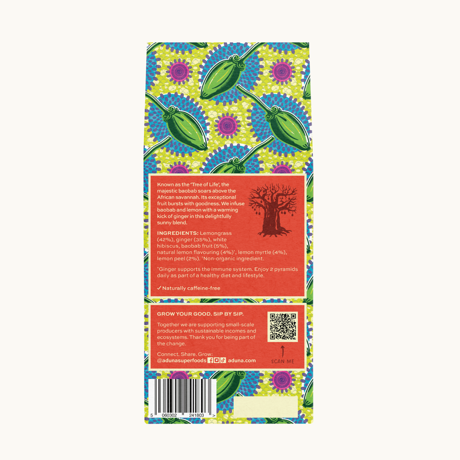 Colourful Aduna Defence Baobab Tea package with ingredients on a white background.