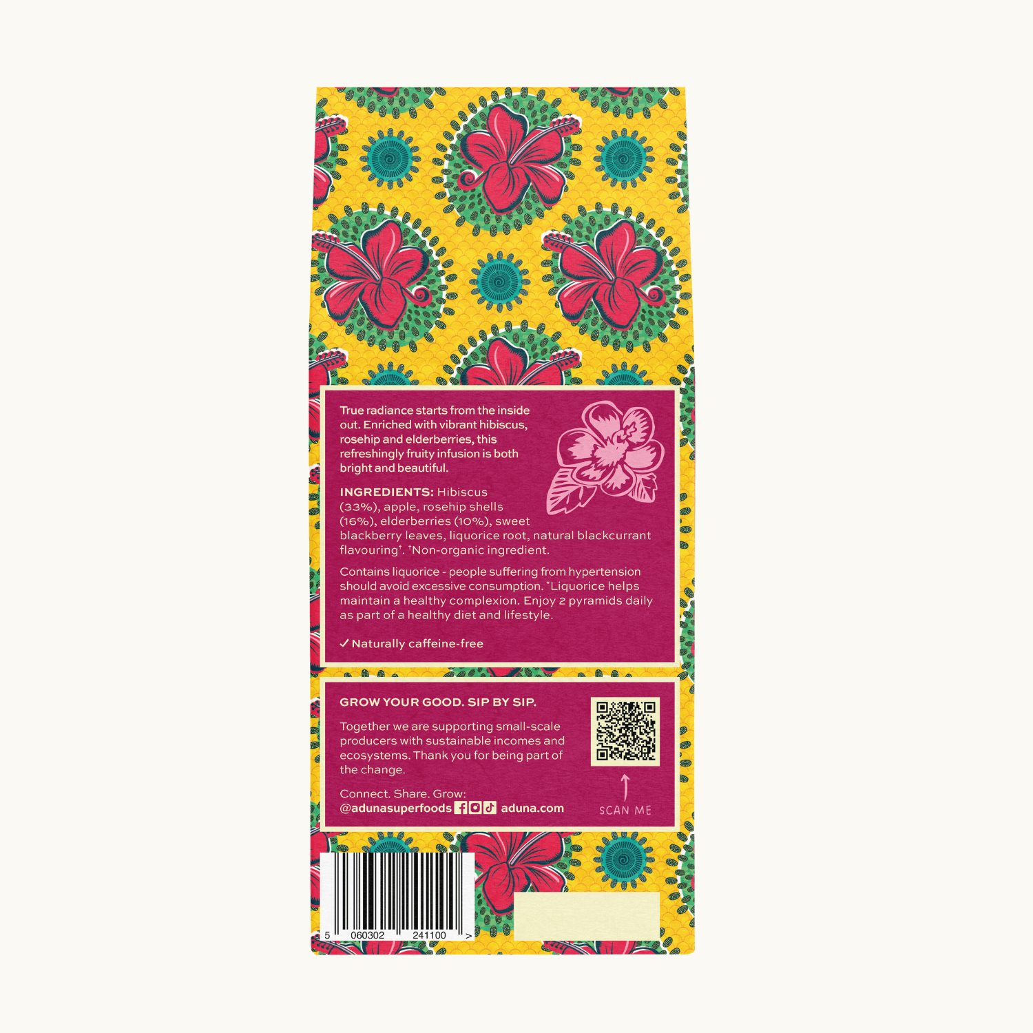 Colourful Aduna Radiance hibiscus tea package with floral design on a white background.