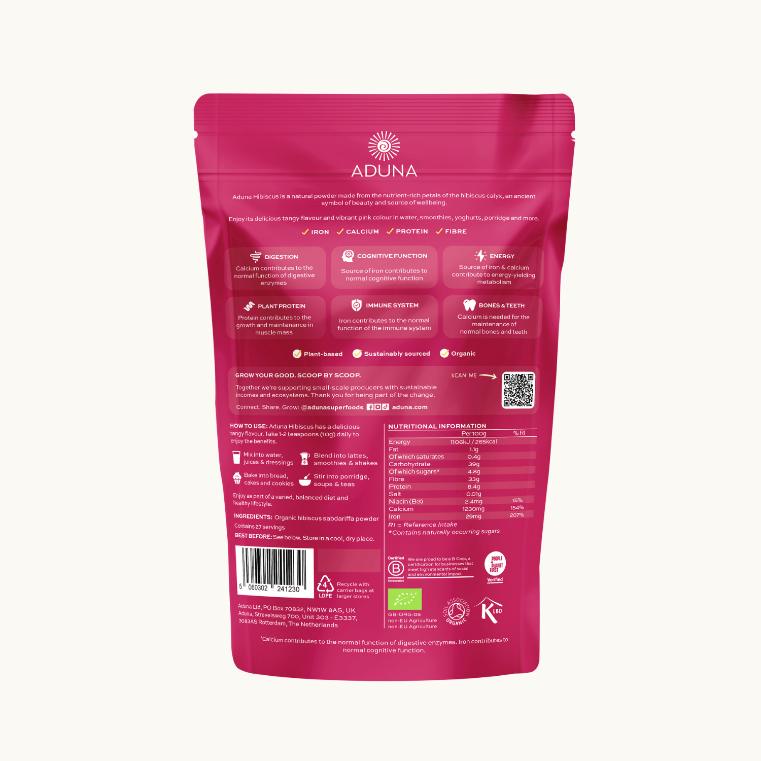 Pink Hibiscus Powder package with nutritional information and Aduna branding on a white background.