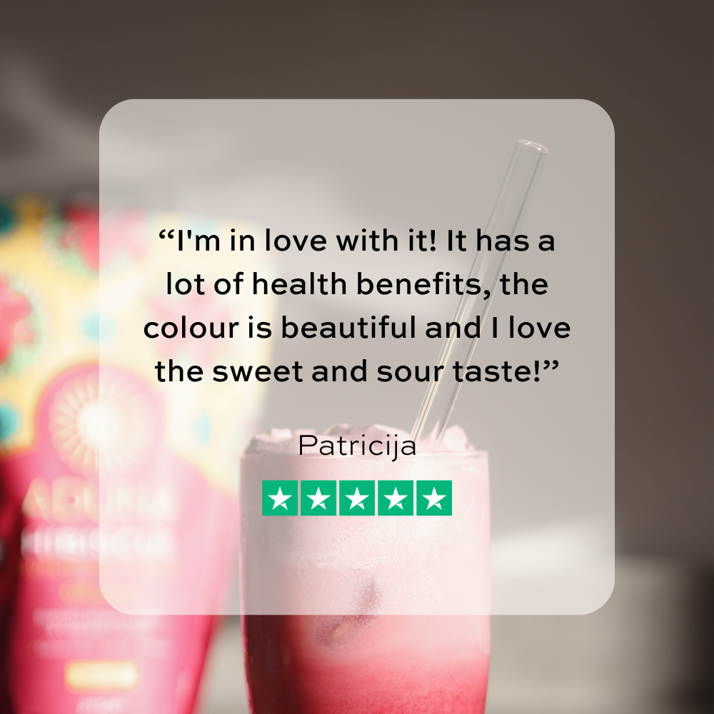 Five-star review from Patricija: "I'm in love with it! It has a lot of health benefits, the colour is beautiful and I love the sweet and sour taste!"