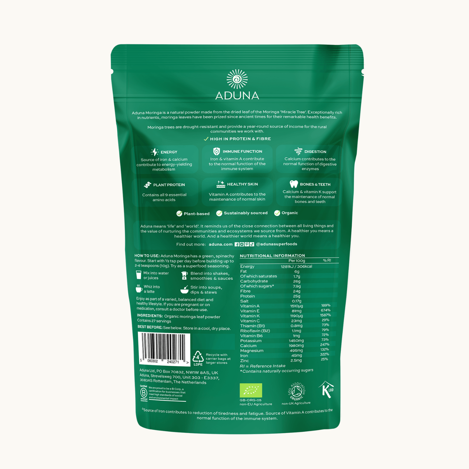Green package of Aduna Moringa Powder with nutritional information on a white background.