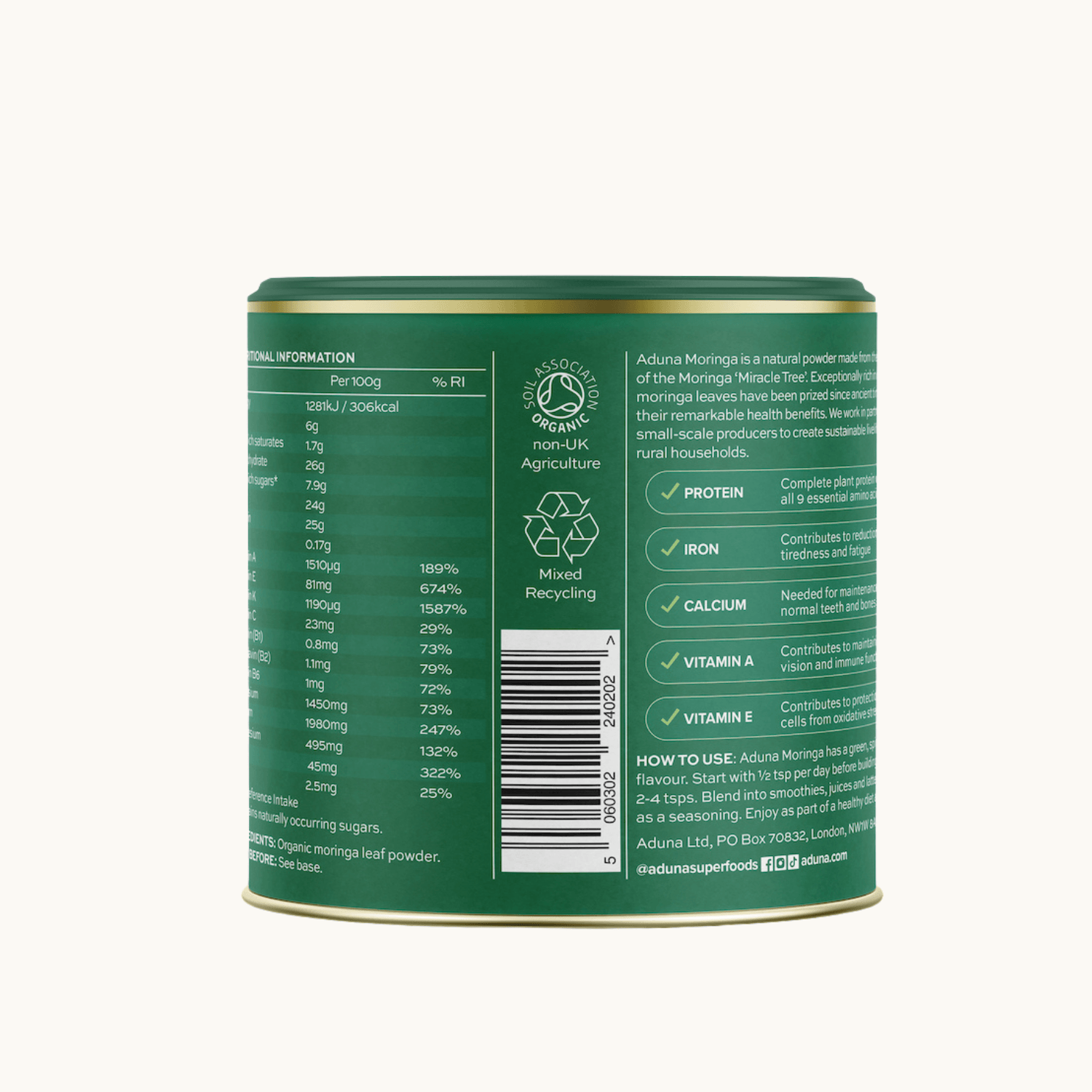 Aduna Moringa container with nutritional information and recycling details on a white background.