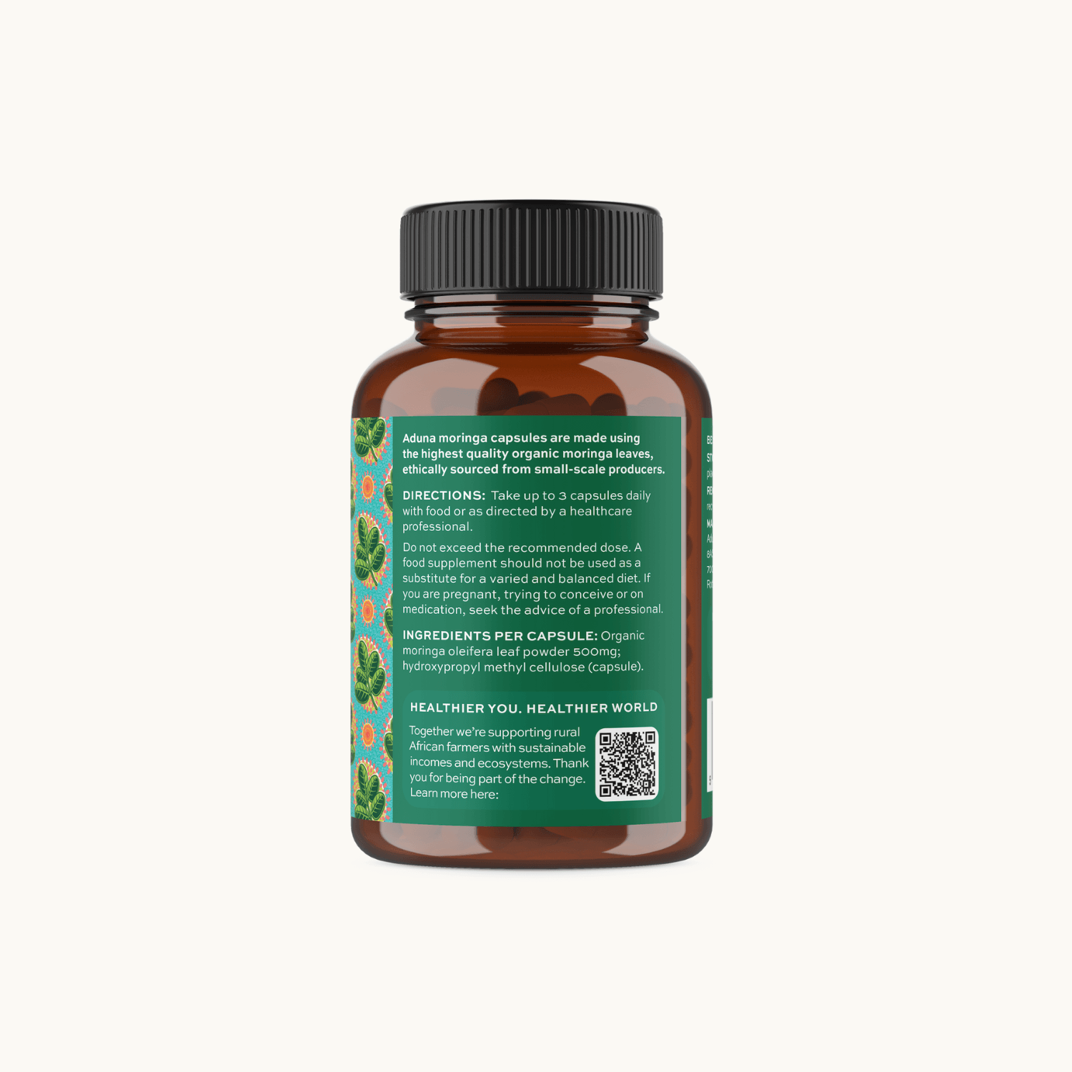 Brown Aduna Moringa Capsules supplement bottle with green label on a white background.