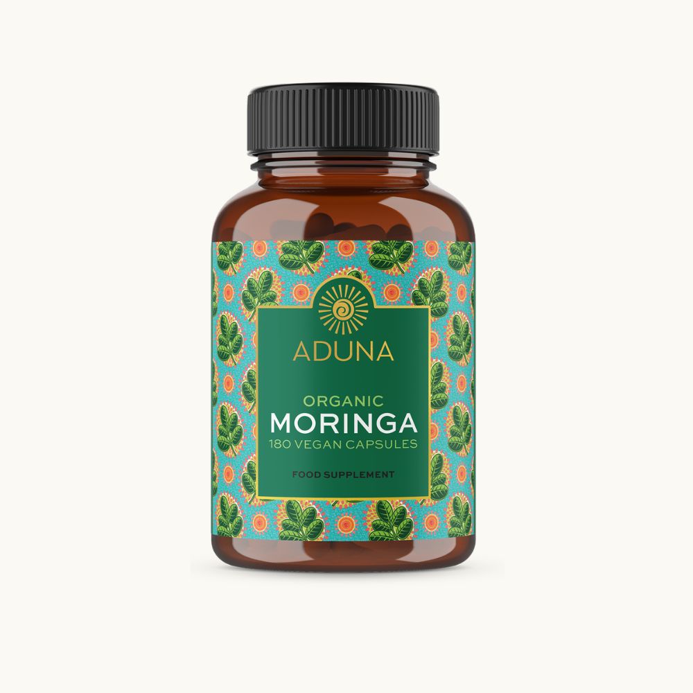 Brown Aduna Organic Moringa bottle with green label on a white background.