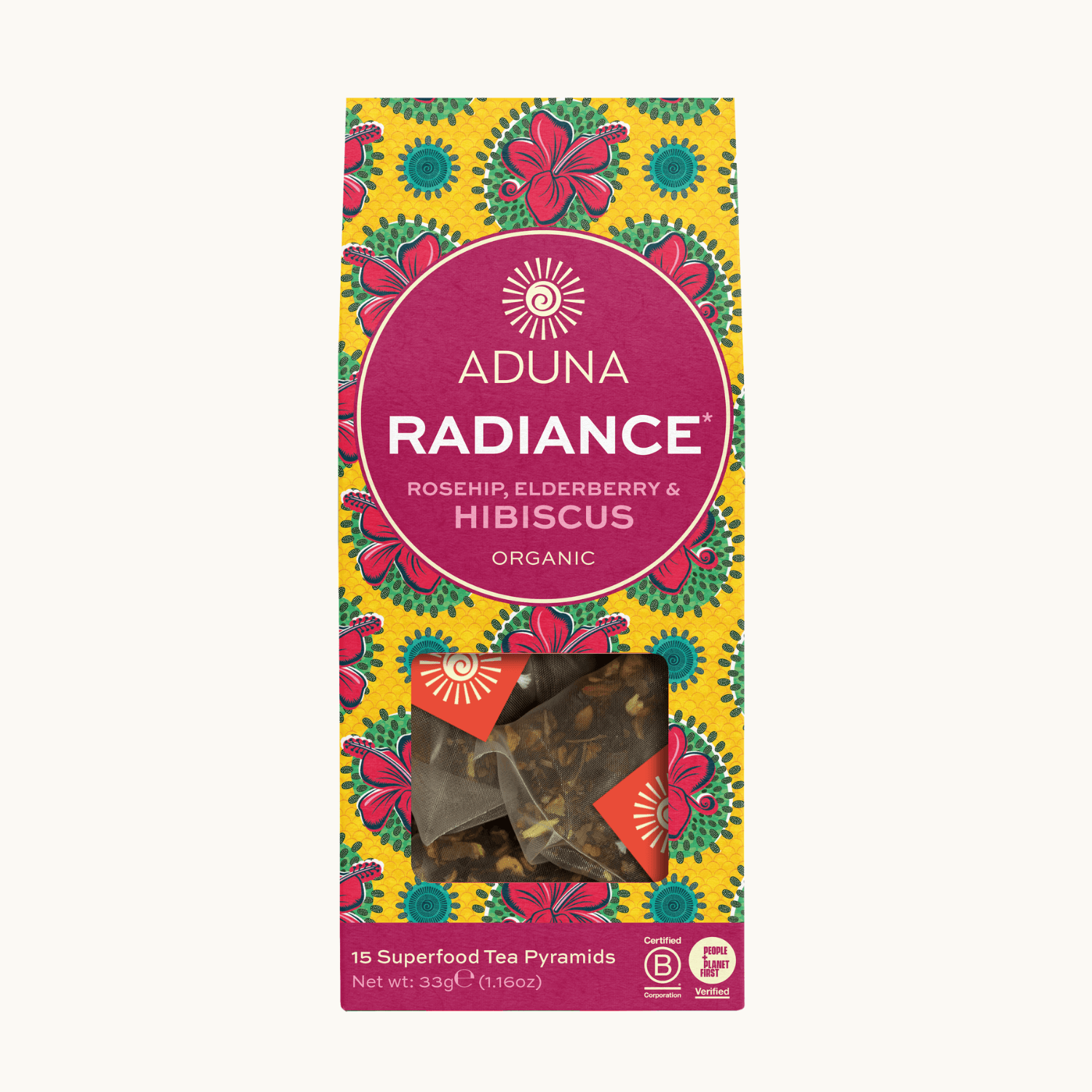 Aduna Radiance hibiscus tea packaging with floral design on a white background.