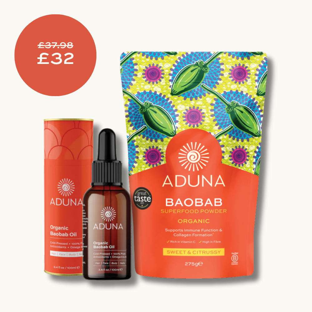 Bundle of Aduna Organic Baobab Oil and Baobab Superfood Powder. Price of £32 reduced from £37.98 is shown.