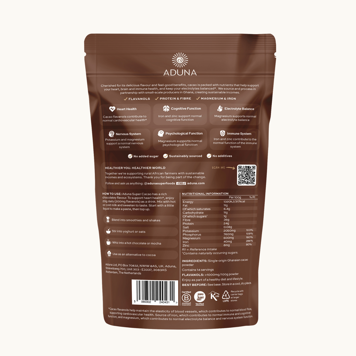 Back view of brown Aduna Super Cacao Powder packaging with nutritional information on a white background.