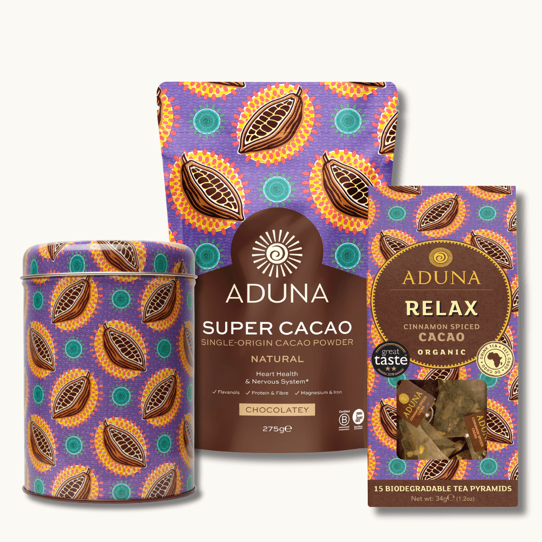 Aduna Super Cacao bundle with cacao powder, Relax cinnamon spiced organic tea, and tin.