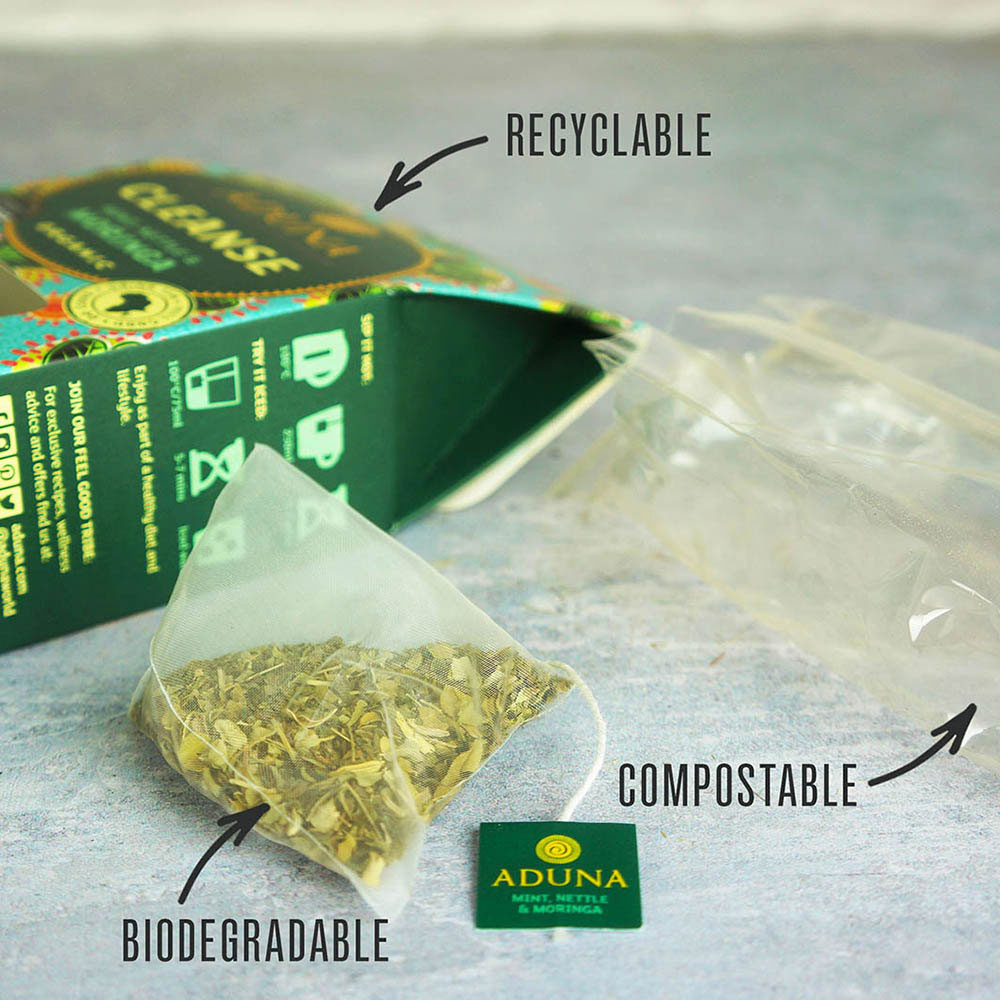 Aduna Cleanse: Moringa Tea Biodegradable Packaging & Tea Pyramid