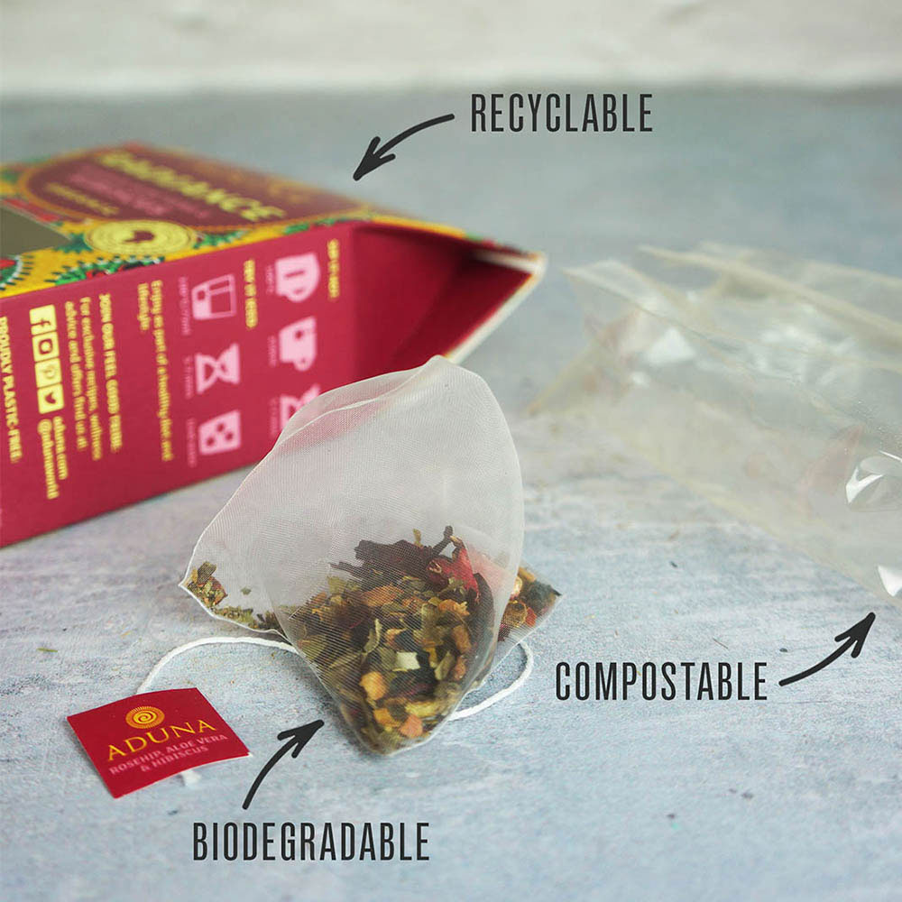 Aduna Radiance: Hibiscus Tea Biodegradable Packaging & Tea Pyramid