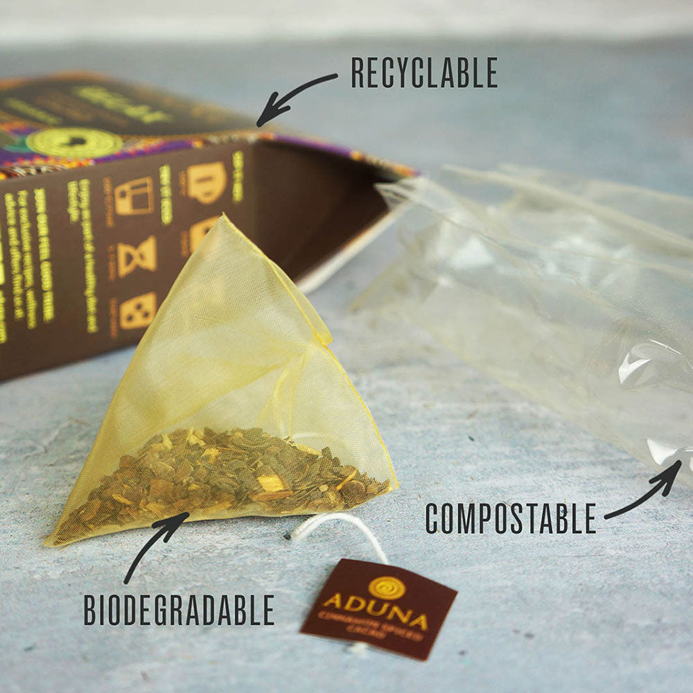 Aduna Relax: Cacao Tea Biodegradable Packaging & Tea Pyramid