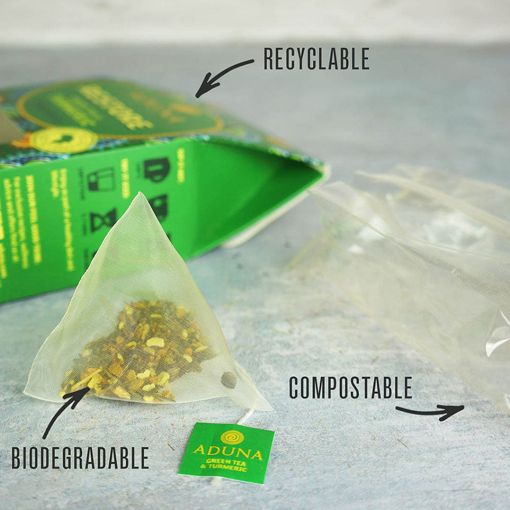 Aduna Restore: Green Tea Biodegradable Packaging & Tea Pyramid