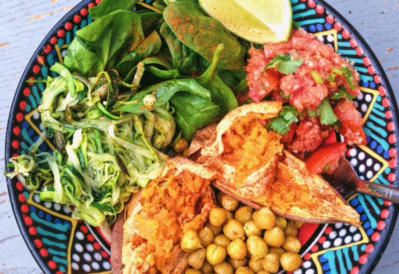 Sweet Potato, Moringa Chimichurri Courgetti & Spicy Toasted Chickpea Bowl