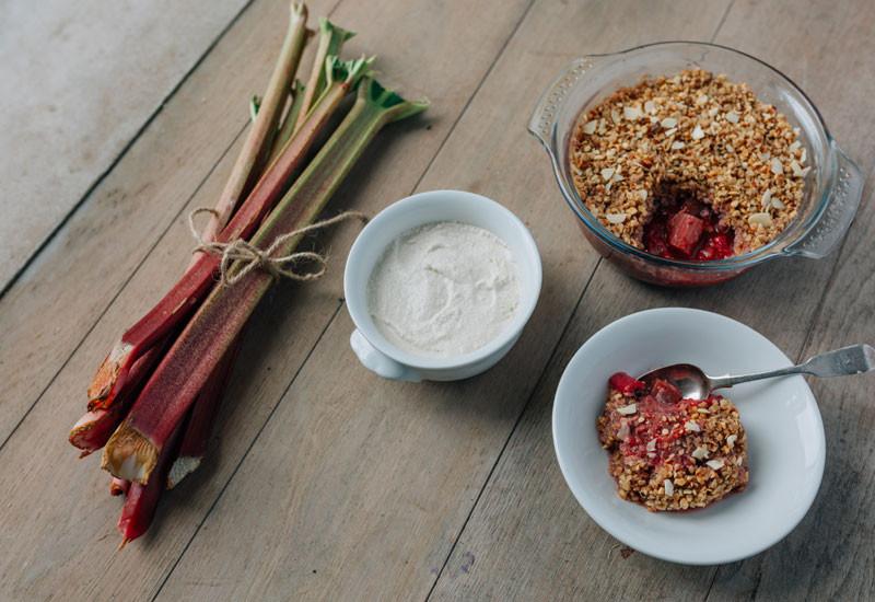 Rhubarb, Ginger & Blackberry Crumble with Baobab Cashew Cream