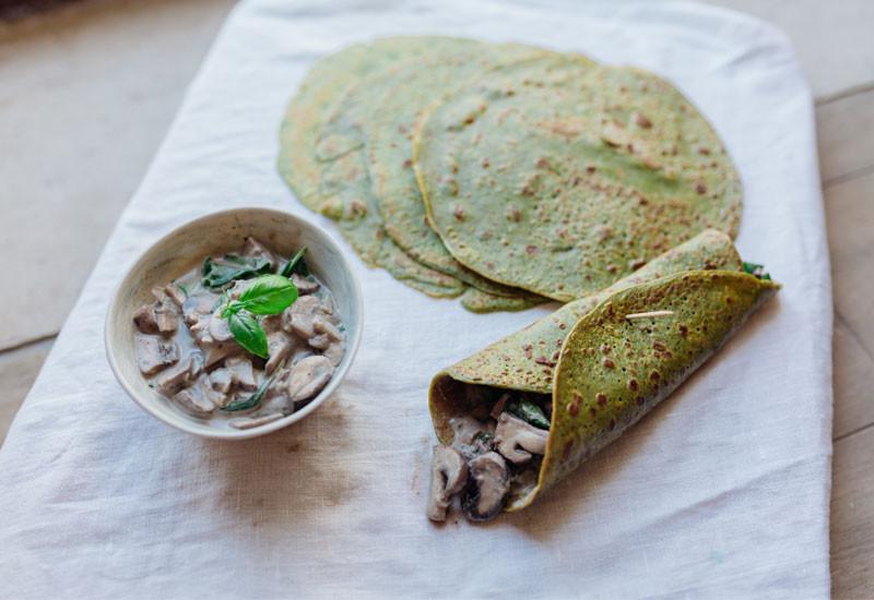Spinach & Moringa Pancakes with Creamy Mushroom Filling