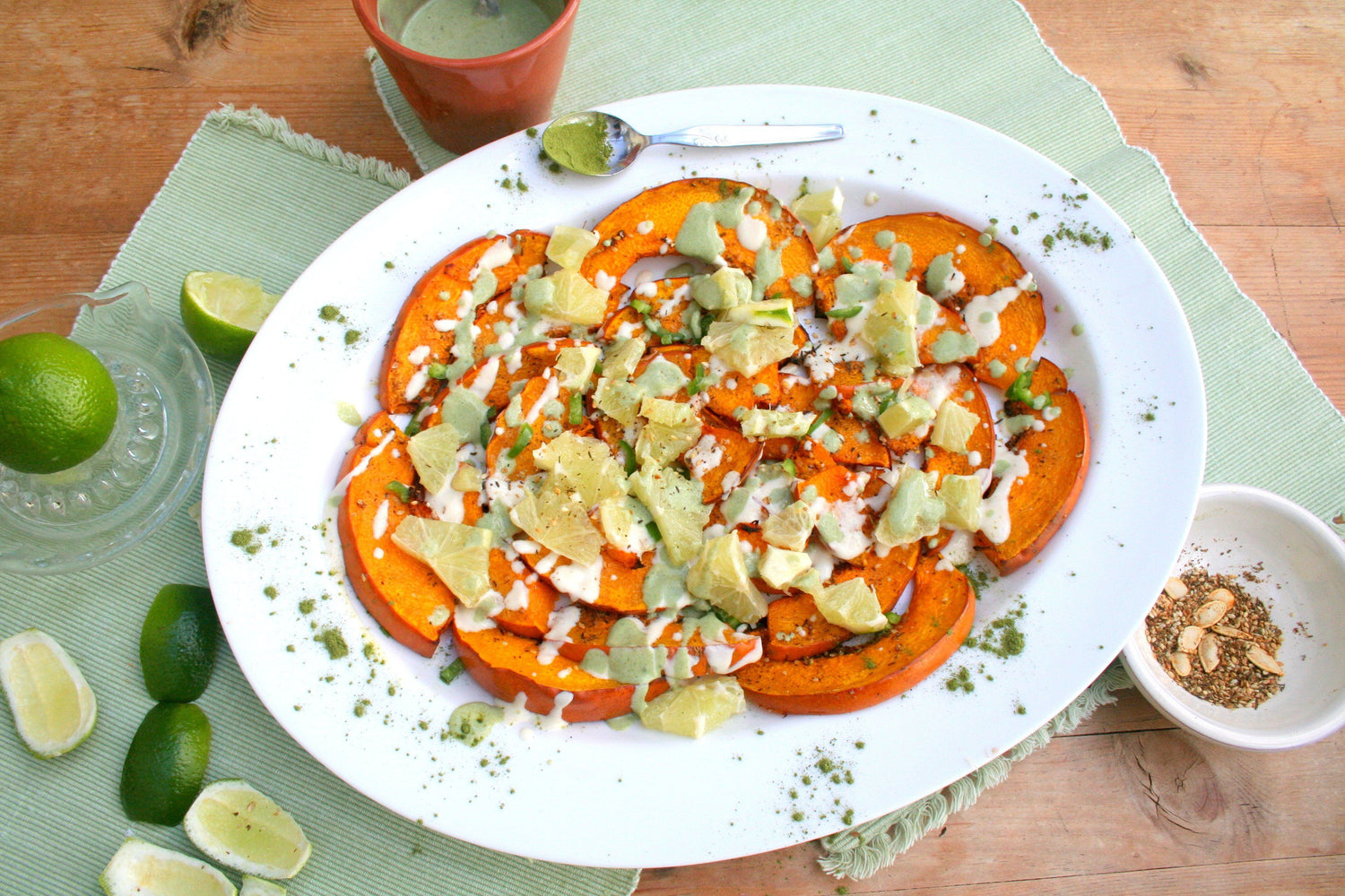 Spiced Roasted Pumpkin with Moringa-Lime Yoghurt Dressing