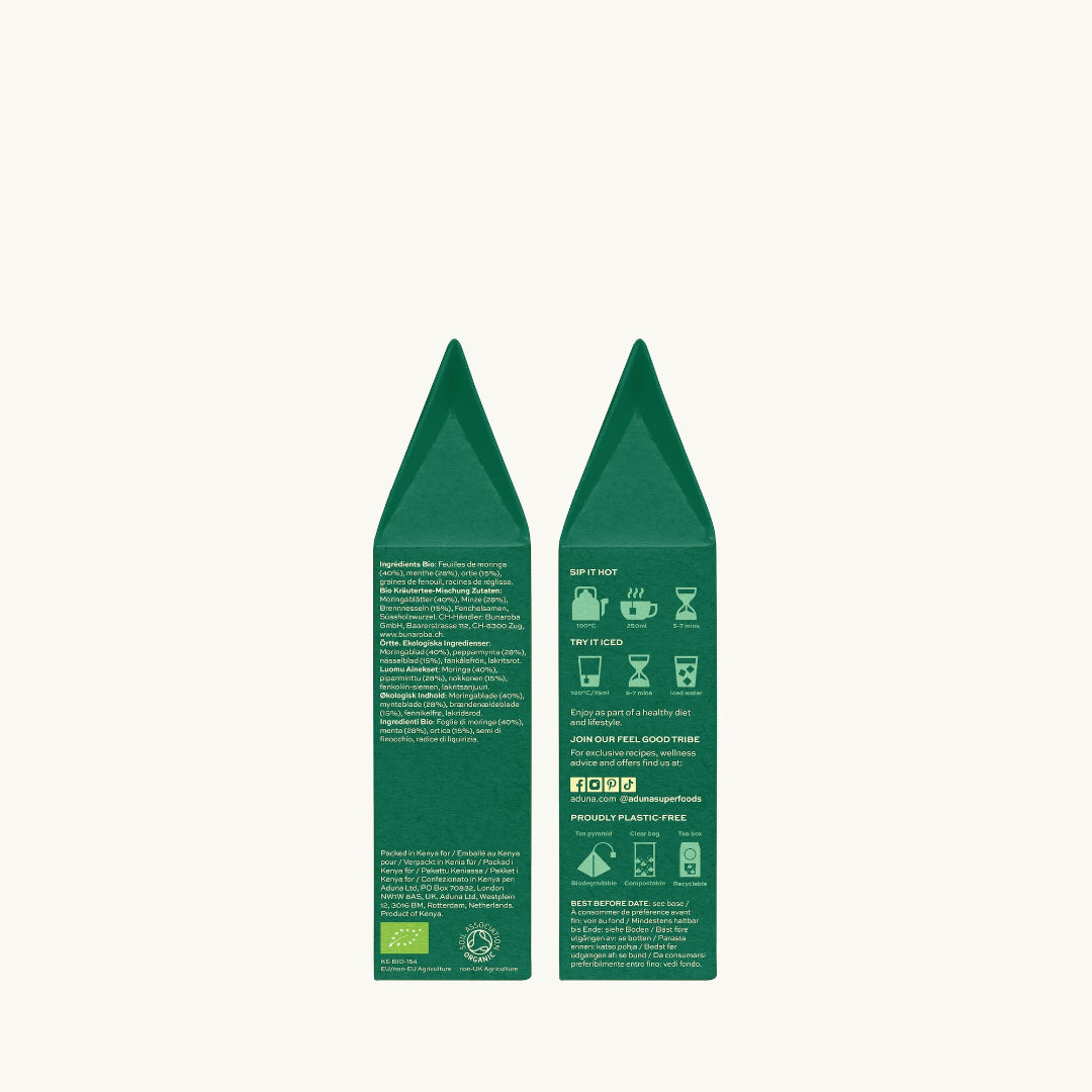 Photo of both sides of Aduna Moringa Tea packaging.
