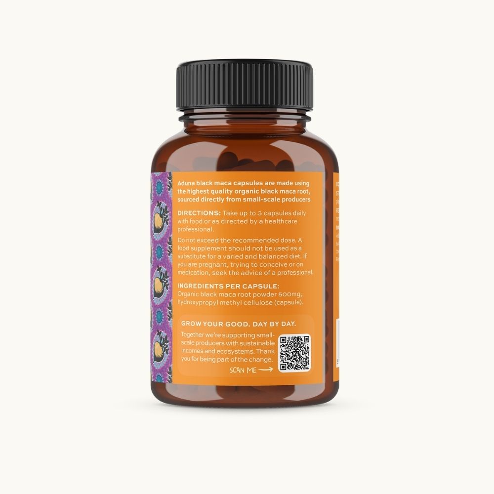 Aduna Organic Black Maca Capsules bottle rear