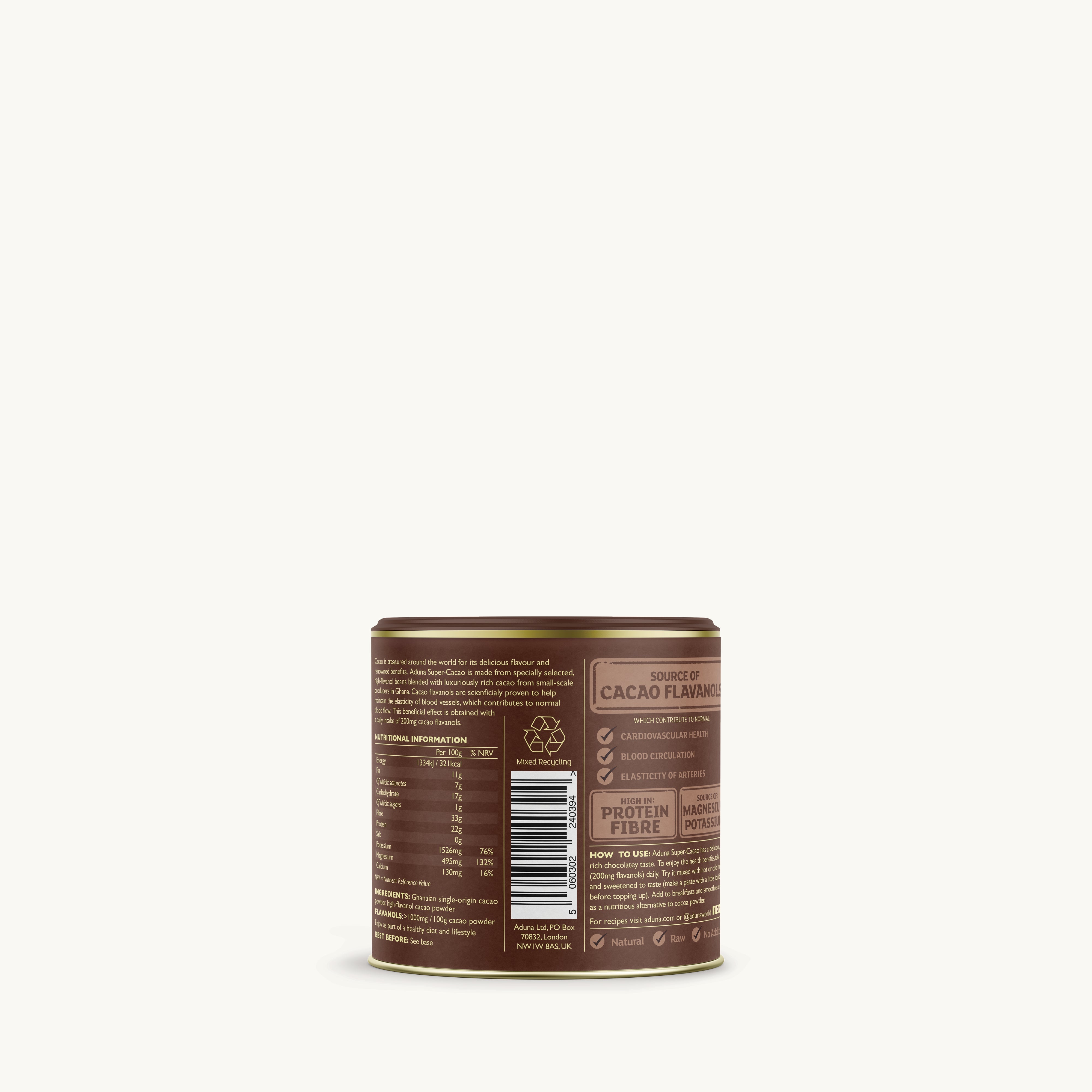 Aduna Super Cacao Powder Tub - Back of Pack