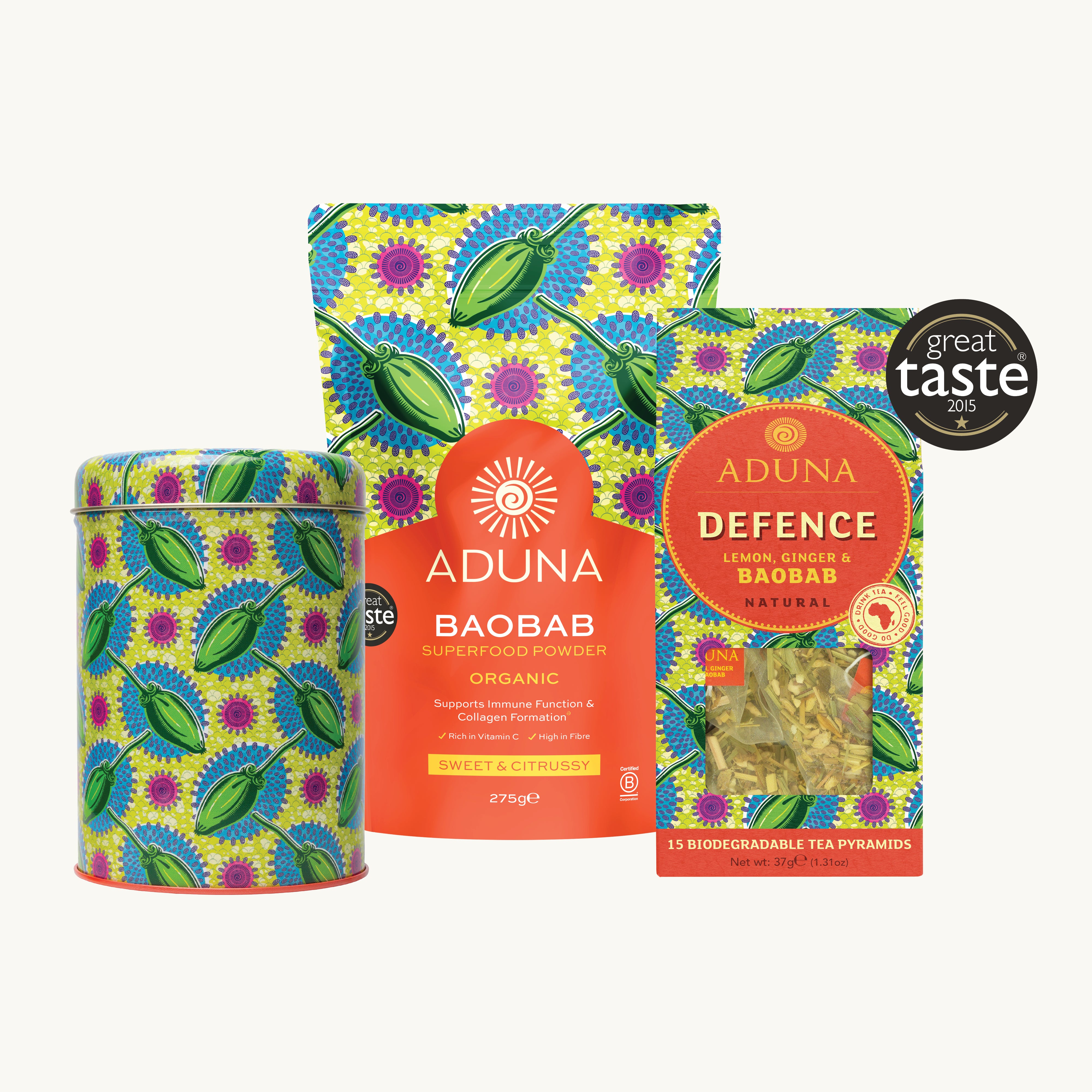 Aduna Baobab 275 Pouch,  Baobab Homeware Tin & Defence: Baobab Tea