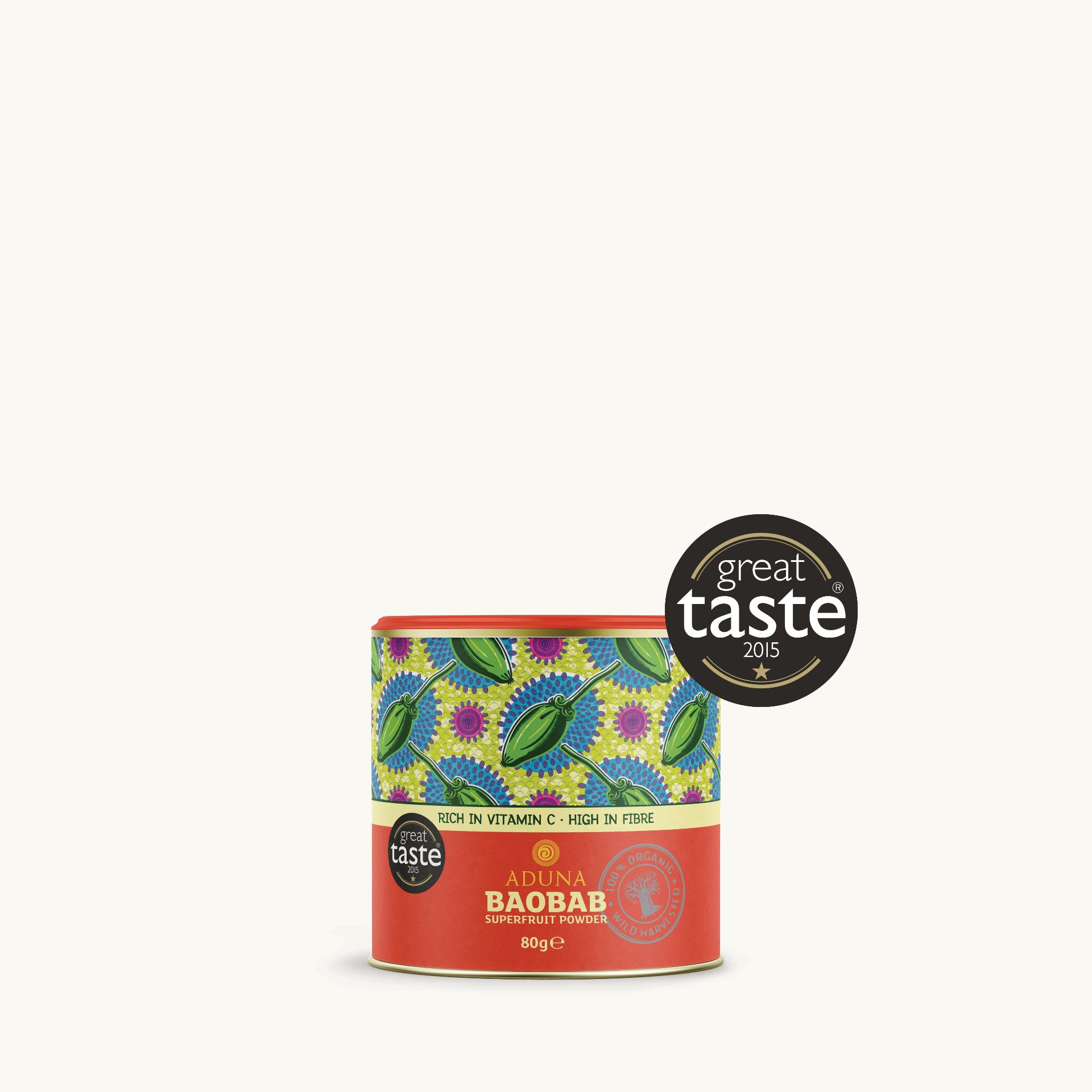Baobab 80g Tub Front of Pack - Great Taste Logo | FairWild Certified